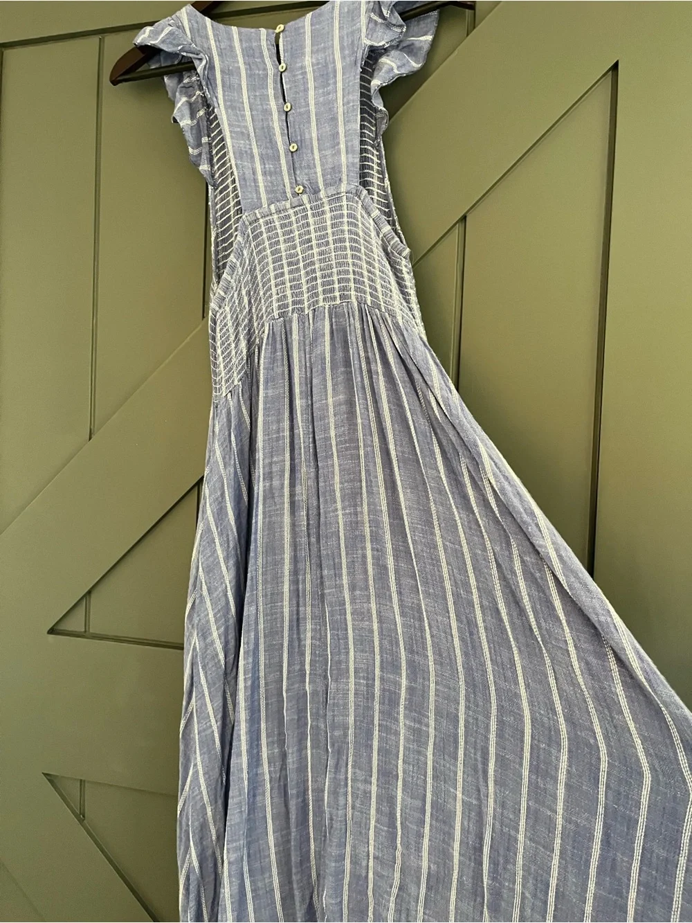 Free People Blue Striped Chambray Smocked Maxi Dress